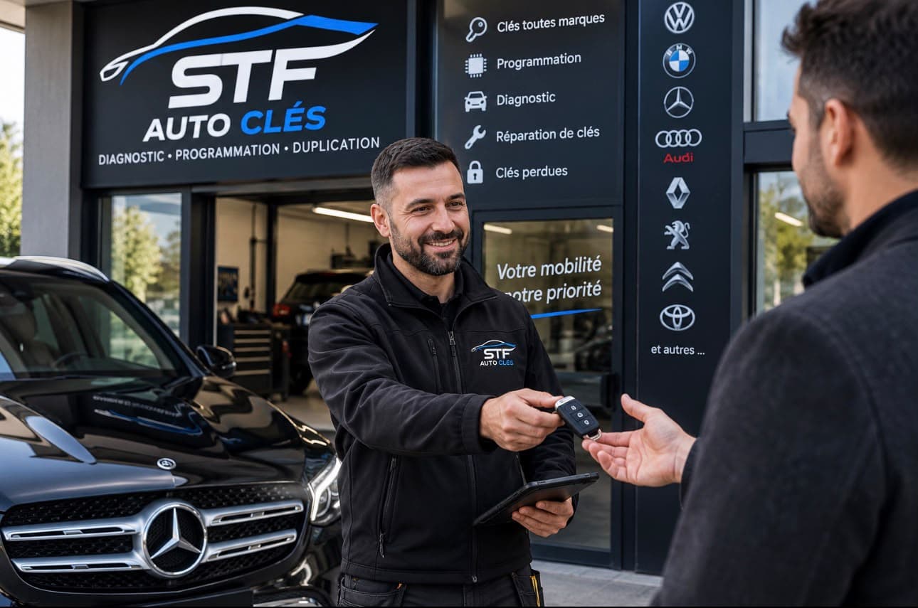 Remise de clé devant l'atelier STF Auto Clés