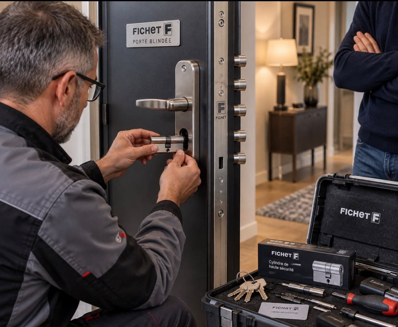 Serrure multipoints sur une porte blindée Fichet